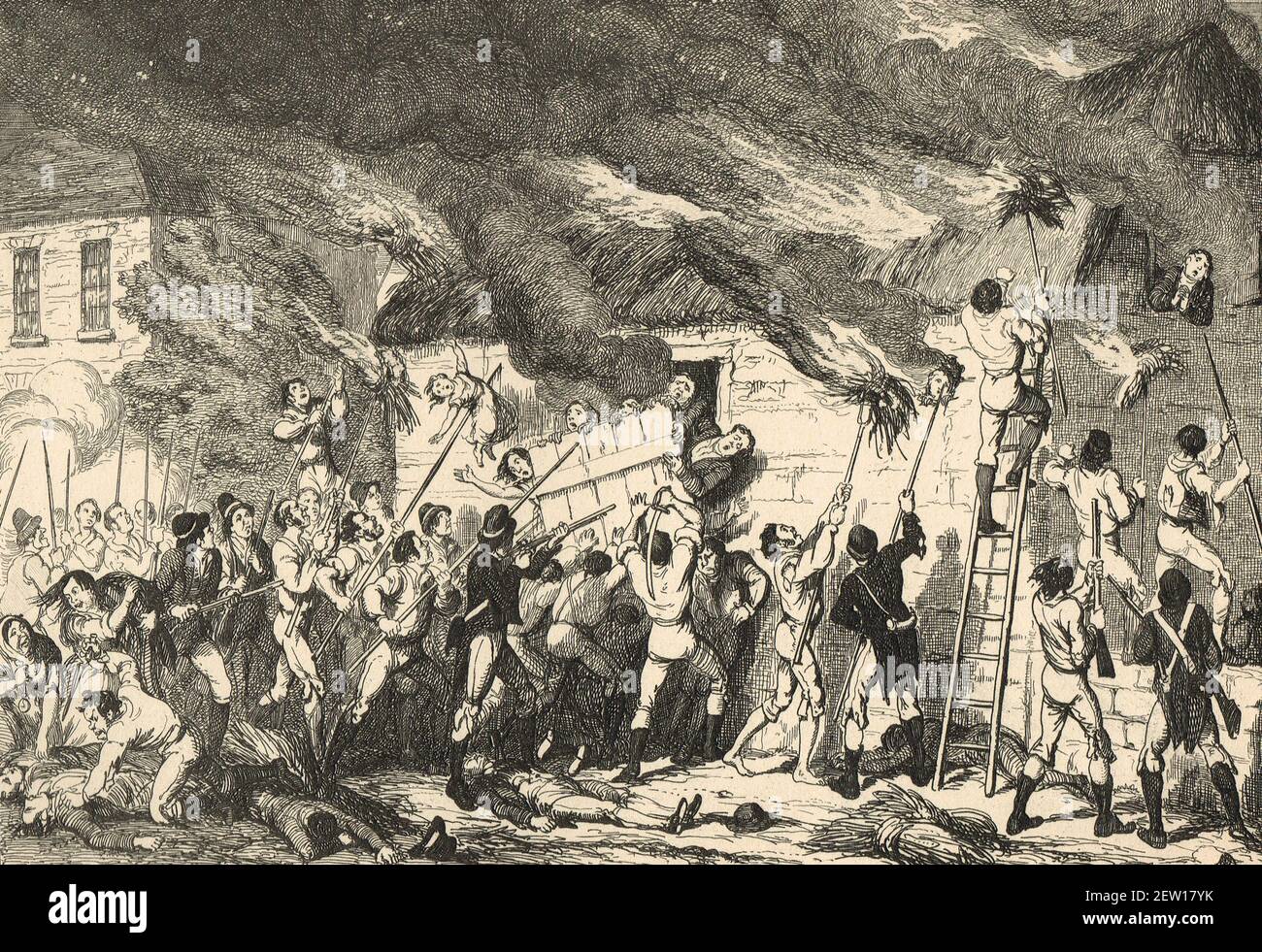 Das Massaker von Scullabogue in der Nähe von Newbawn, Grafschaft Wexford, 5. Juni 1798, ermordeten Aufständische Männer, Frauen und Kinder, von denen die meisten protestantisch waren, in einer Scheune gefangen gehalten, die dann angezündet wurde, Während der irischen Rebellion von 1798 als Vergeltung für das britische Militär Feuer auf ein Haus mit Verwundeten in der nahe gelegenen Schlacht von New Ross Stockfoto