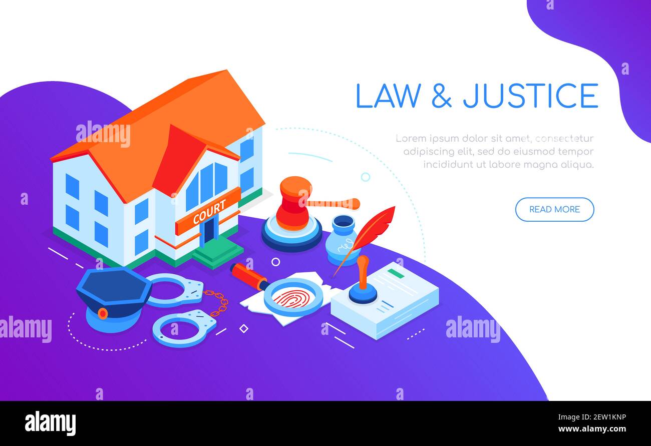 Recht und Gerechtigkeit - modernes isometrisches Webbanner mit Platz für Text. Auftrags- und Untersuchungskonzept. Handschellen, Polizeimütze, Fingerabdrücke, Gavel, l Stock Vektor