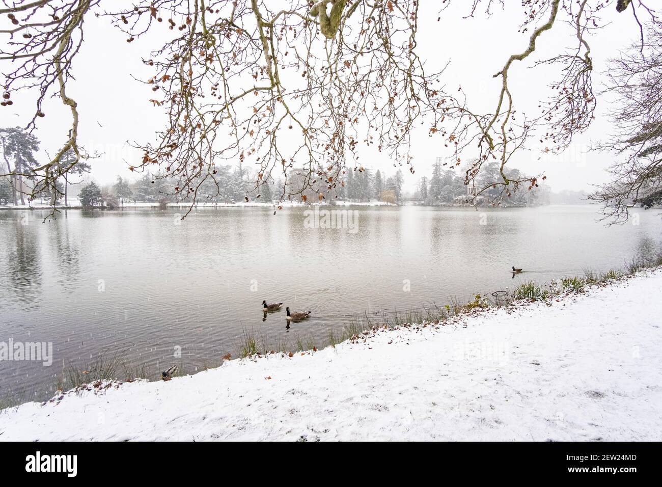 Frankreich, Paris, der Bois de Vincennes, der Daumesnil See unter dem Schnee Stockfoto