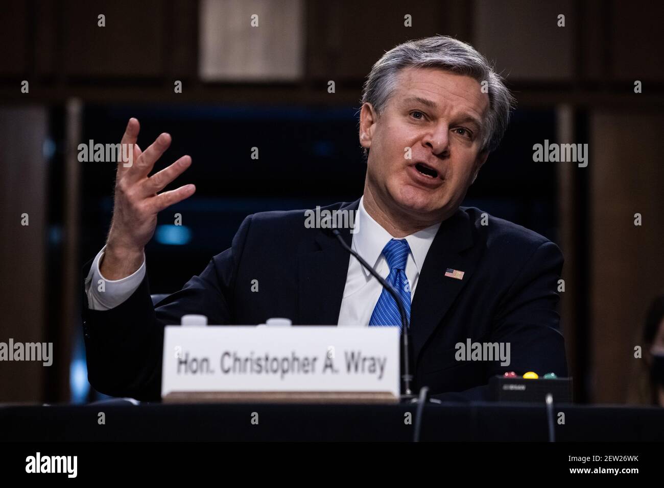 Der Direktor des Federal Bureau of Investigation, Christopher Wray, bezeugt vor einem Justizausschuss des Senats den Aufstand vom 6. Januar, innenpolitischen Terrorismus und andere Drohungen, am Dienstag, den 2. März 2021 in Washington, DC. Poolfoto von Graeme Jennings/UPI Stockfoto