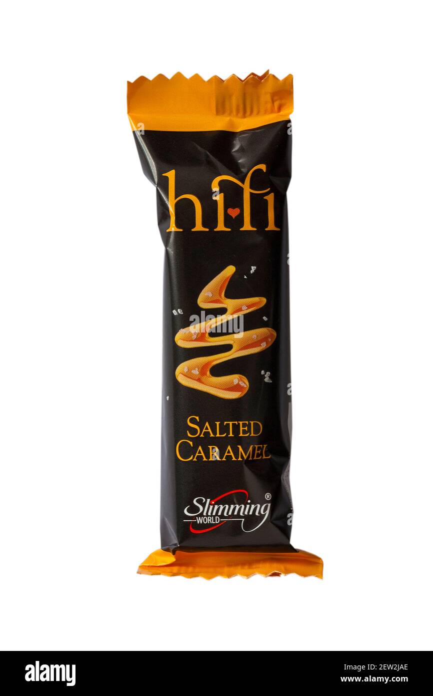 hi-Fi verführen mich gesalzene Caramel Müsliriegel von Slimming World Isoliert auf weißem Hintergrund Stockfoto