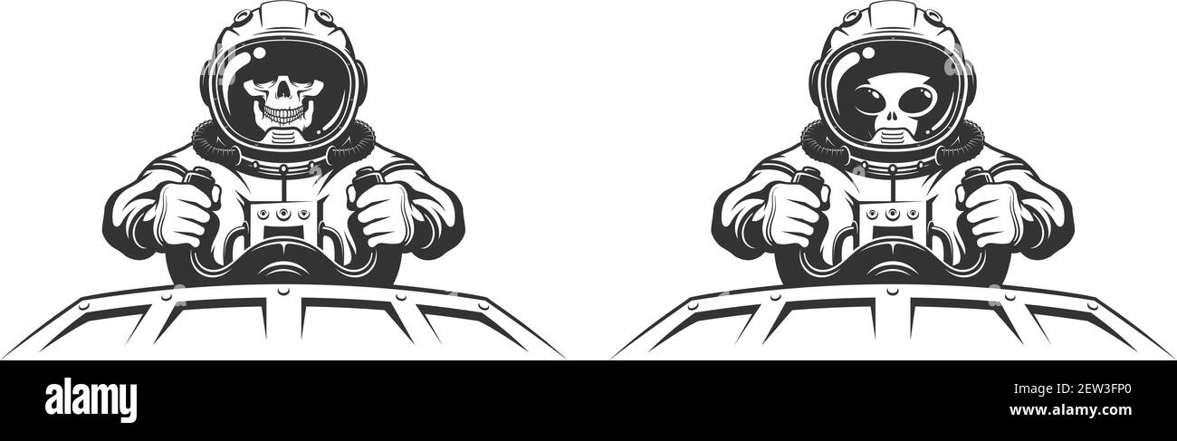 Alien Space Pilot im Raumanzug am Steuer des Raumschiffs. Stock Vektor