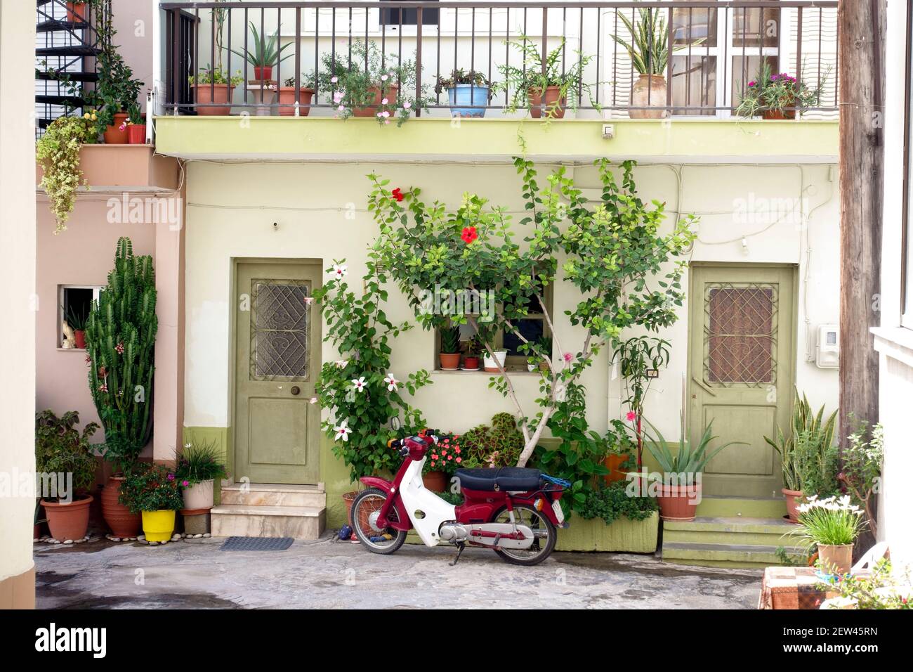 Typische Straße mit charmanten Häusern im griechischen Dorf von Kefalos Altstadt auf der Insel Kos Stockfoto