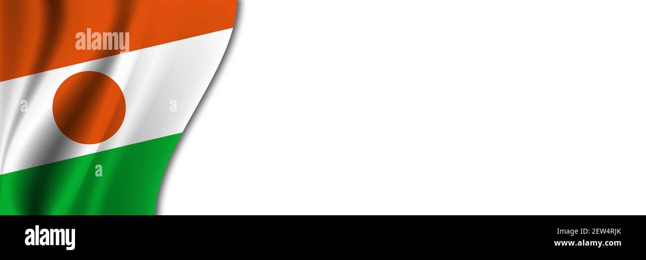 Niger Flagge auf weißem Hintergrund. Weißer Hintergrund mit Platz für Text in der Nähe der Flagge von Niger. Stockfoto