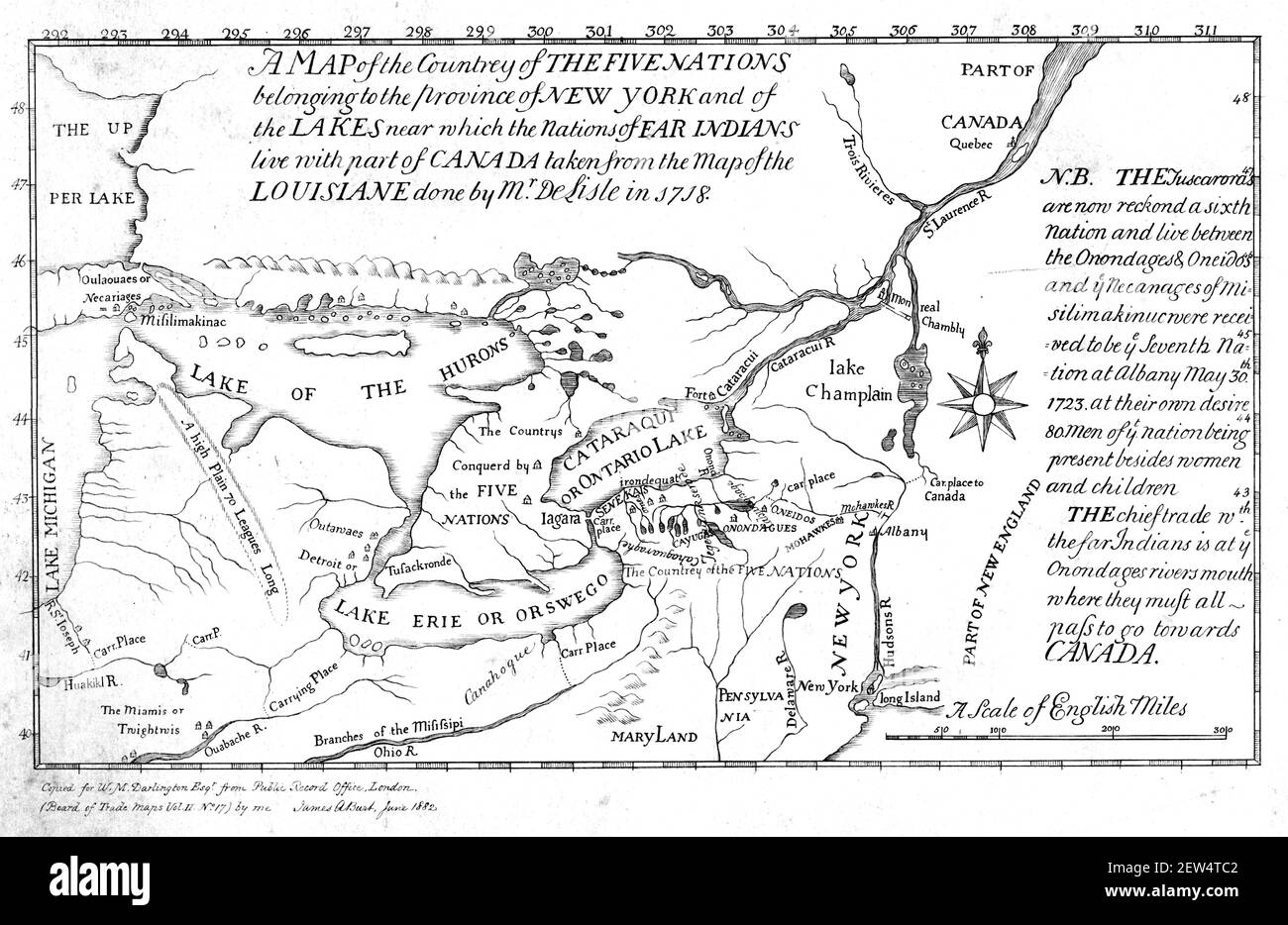 Eine Karte der Irokesen-Konföderation (auch bekannt als die fünf Nationen oder die Irokesen-Liga) aus dem Jahr 1730. Stockfoto