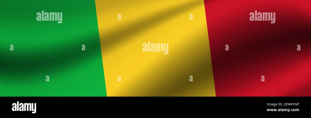 Banner mit der Flagge von Mali. Stoff Textur der Flagge von Mali. Stockfoto