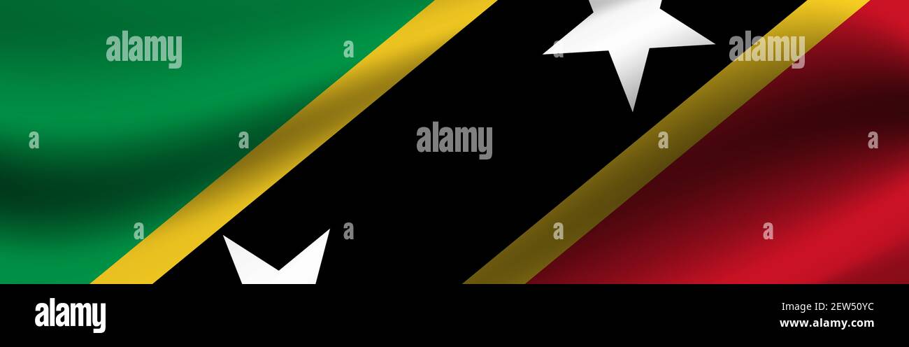Banner mit der Flagge von St. Kitts und Nevis. Stoffstruktur der Flagge von St. Kitts und Nevis. Stockfoto