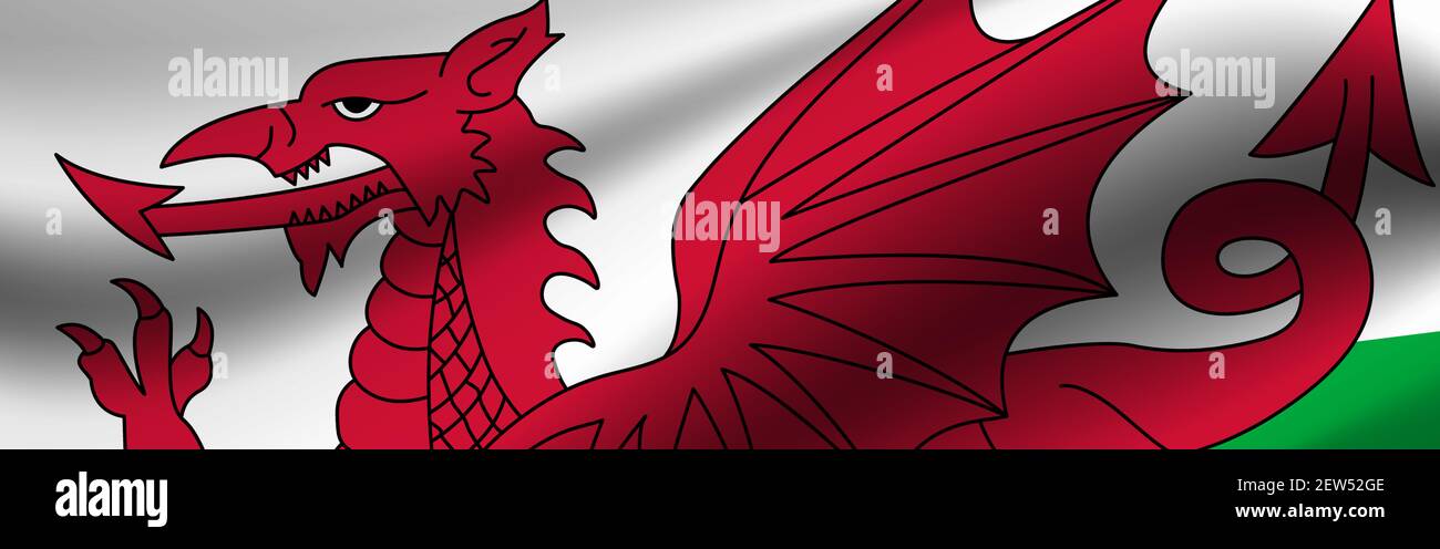Banner mit der Flagge von Wales. Stoffstruktur der Flagge von Wales. Stockfoto