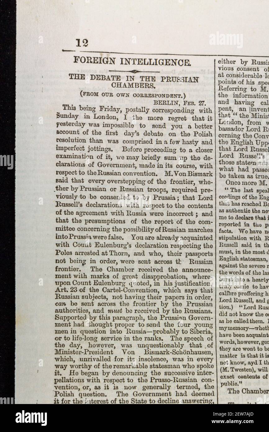 "Foreign Intelligence" oder ausländische Regierungsnachrichten aus Preußen (Deutschland) in der Times London am Dienstag, 3. März 1863. Stockfoto