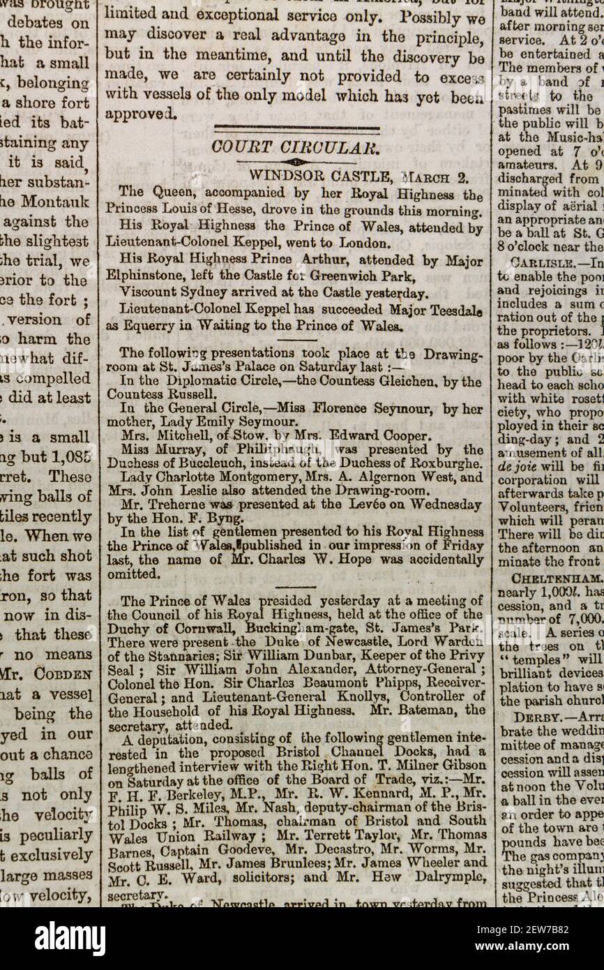 'Court Circular' Nachrichten über die königliche Familie aus Windsor Castle in der Times Zeitung London am Dienstag, 3. März 1863. Stockfoto
