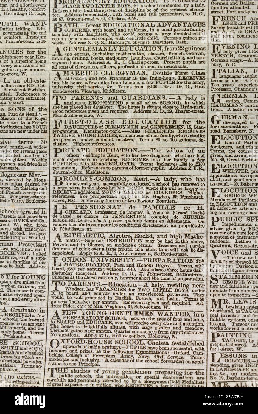 Anzeigen für private Bildung Tutoring in der Times Zeitung London am Dienstag 3 März 1863. Stockfoto