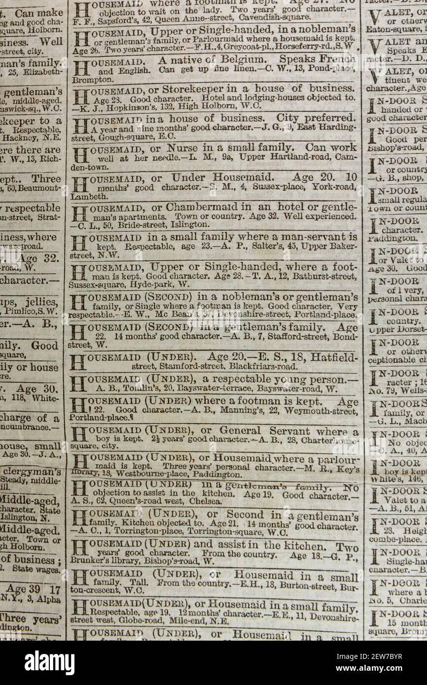 Anzeigen für Housemaid Stellenangebote in der Times Zeitung London am Dienstag 3 März 1863. Stockfoto