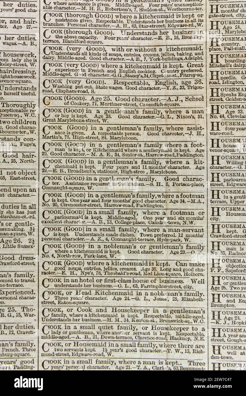 Anzeigen für Koch Stellenangebote in der Times Zeitung London am Dienstag 3 März 1863. Stockfoto