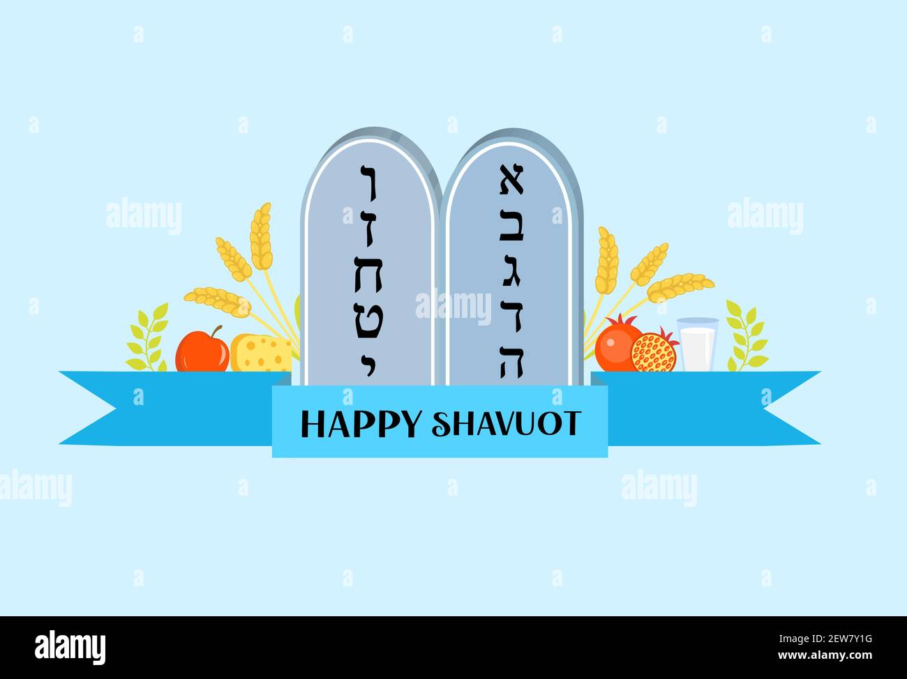 Happy Shavuot Grußkarte, Poster, Einladung, Flyer. Vorlage für Ihr Design. Inschrift hebräisch - Happy Shavuot. Jüdischer Feiertag Hintergrund Stock Vektor