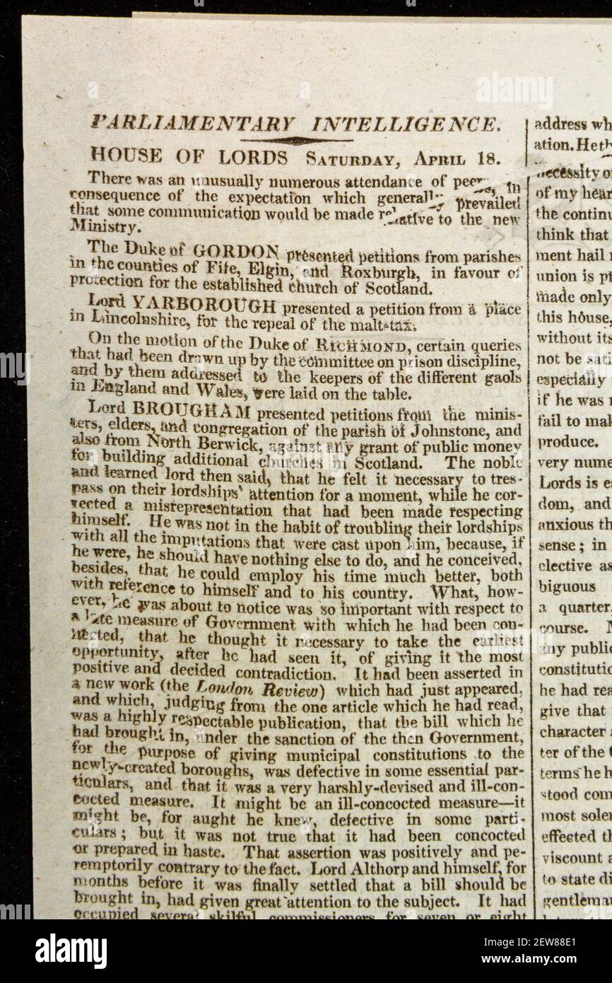 "Parlamentarische Intelligenz" (oder Nachrichten aus dem britischen Parlament / House of Lords) in der Zeitung The Times (Montag, 20th. April 1835), London, Großbritannien. Stockfoto