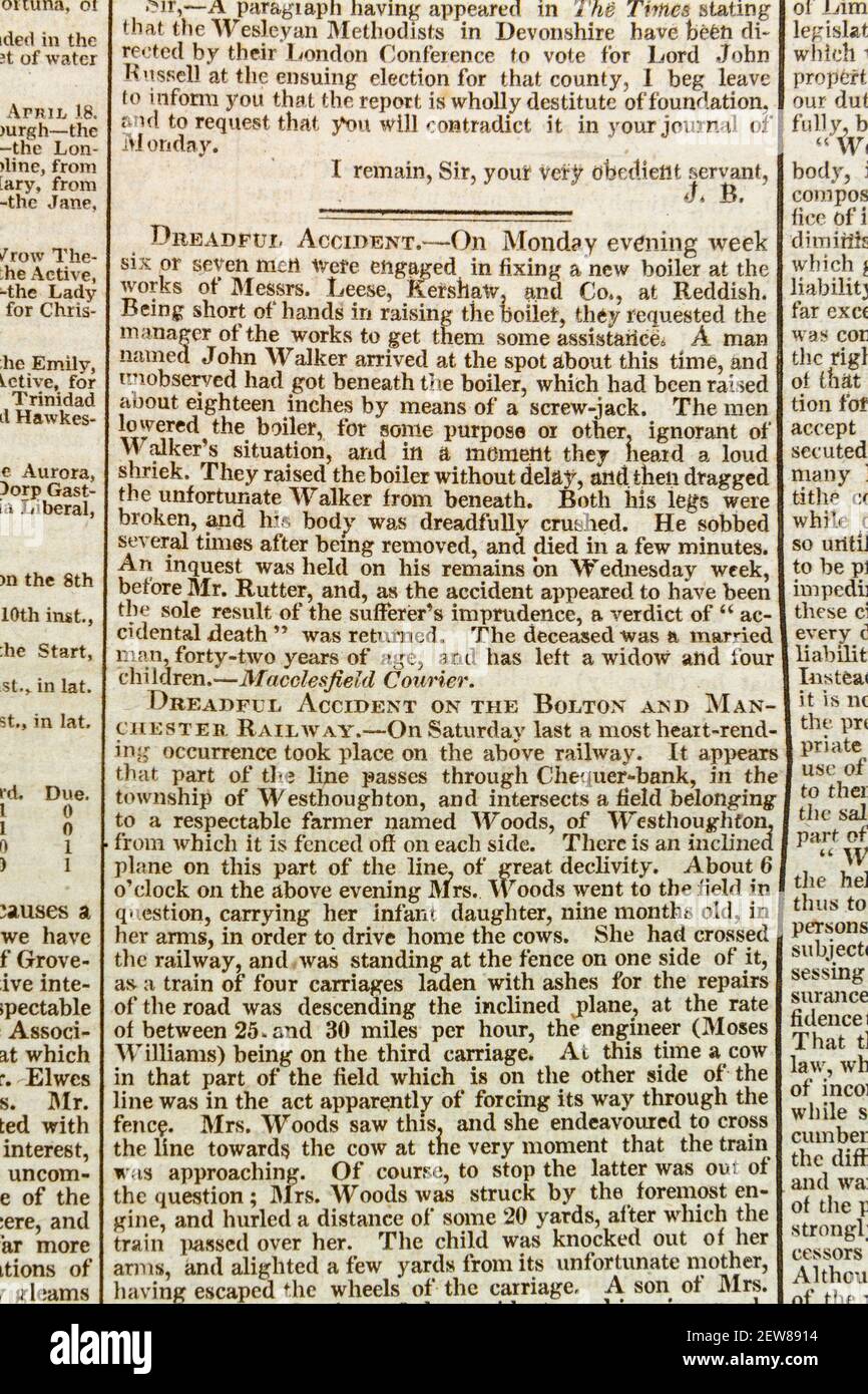 Berichte von "schrecklichen Unfällen" (Mann bei einem Kesselunglück getötet) in der Zeitung The Times (Montag, 20th. April 1835), London, Großbritannien. Stockfoto