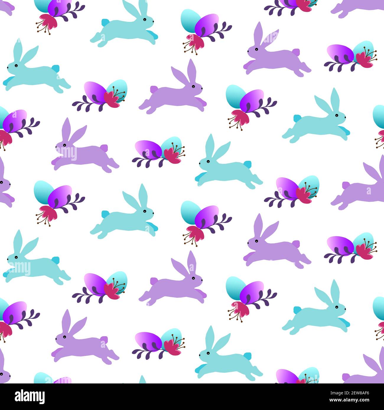 Muster - farbige Kaninchen und Ostereier mit Blumen. Stock Vektor