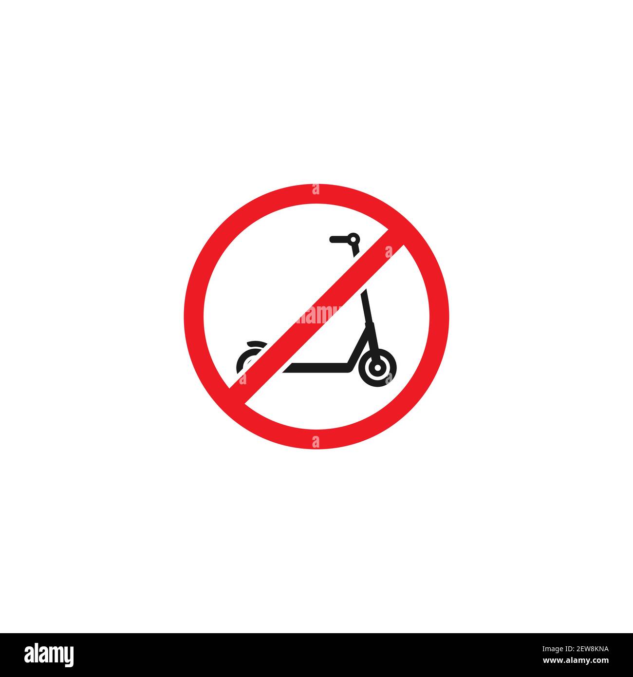 Schwarzer Kick Scooter oder Laufrad in rot gekreuzten Kreis Symbol. Kein Push Scooter s Schild isoliert auf weiß. Vektorgrafik. Verboten, nicht erlaubt tra Stock Vektor