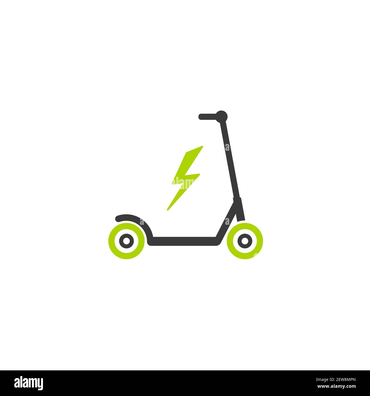 Schwarz und grün Kick Scooter oder Laufrad mit Blitz-Symbol. Flacher Push Roller isoliert auf weiß. Vektor-Ladedarstellung. Umweltfreundlicher Verkehr Stock Vektor
