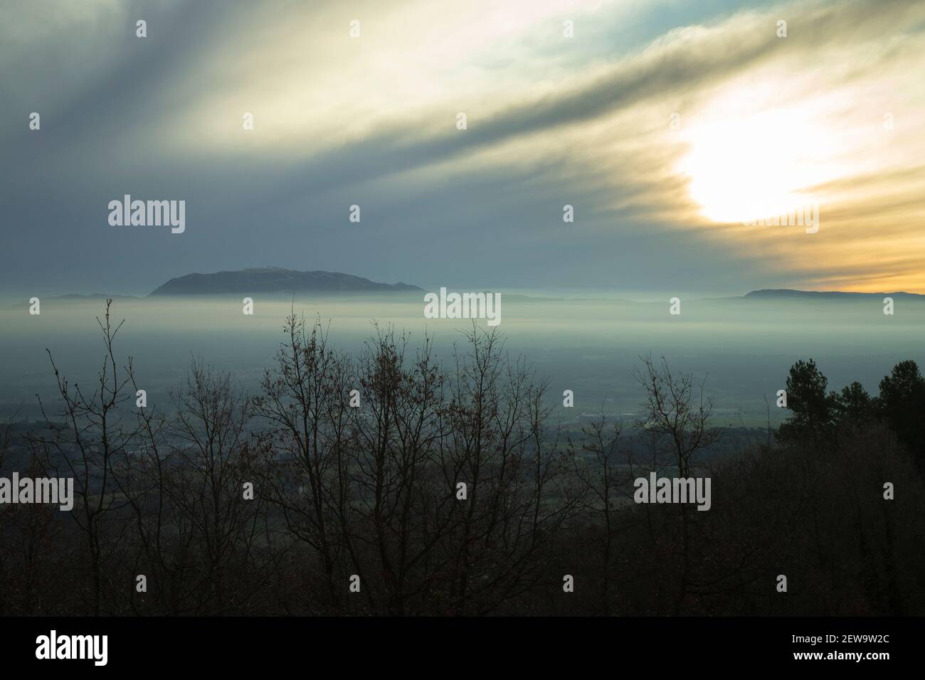 Wunderschöne Landschaft, die die Sonne über einer Nebelschicht zeigt Mit einigen Bäumen und einem Berg im Hintergrund Stockfoto