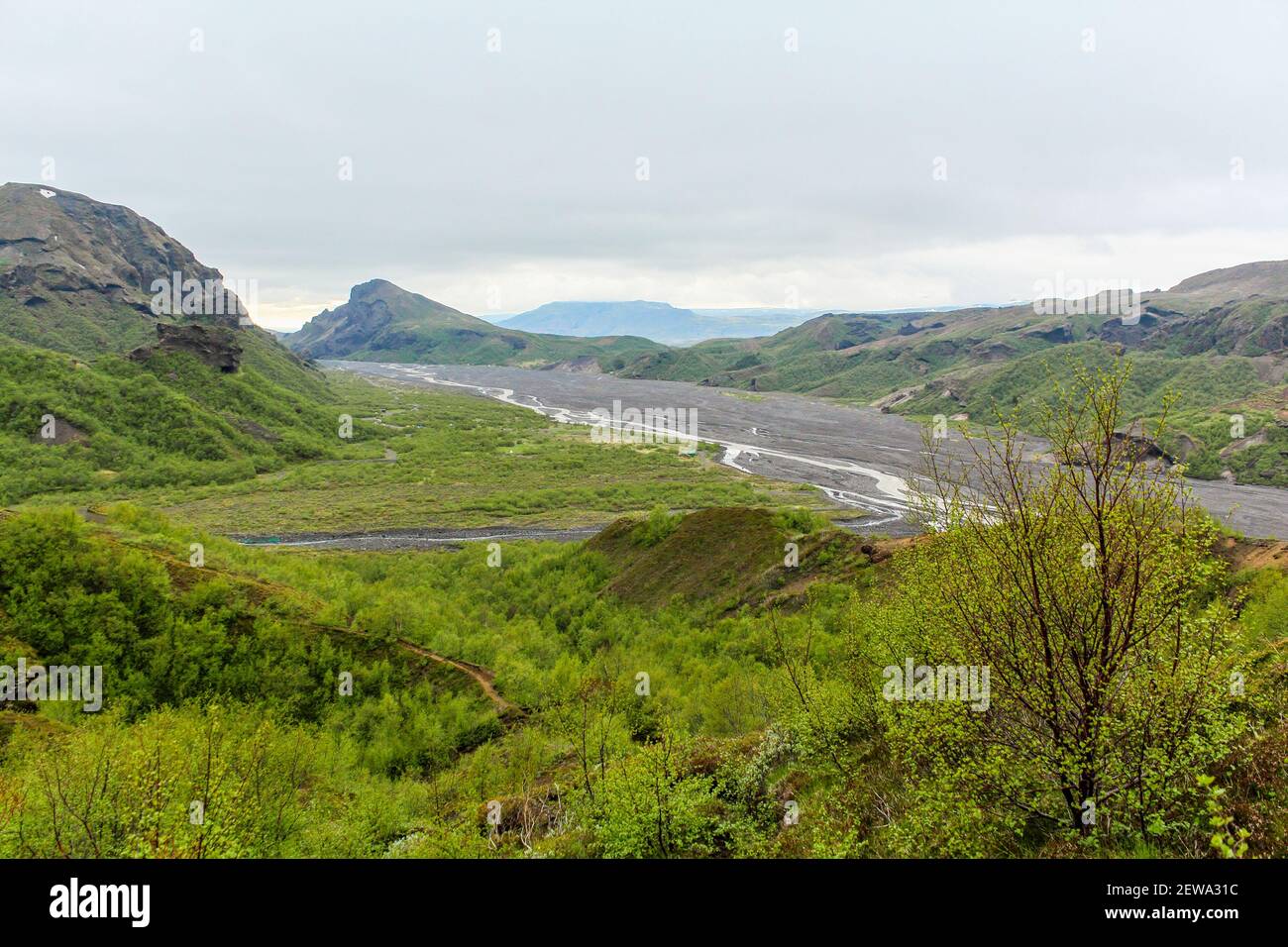 Blick in das Tal von Thorsmoerk, Fimmvorduhals Wanderweg in Island Stockfoto