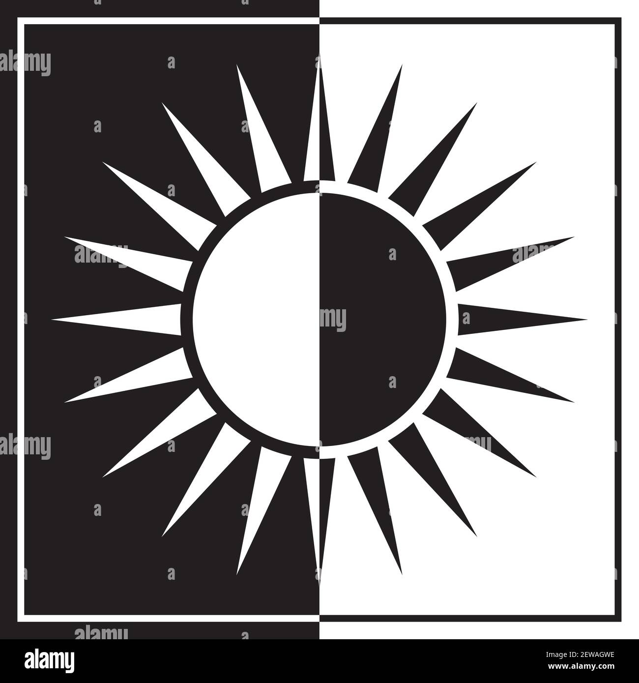 Schwarz und weiß geteilte Sonne isoliert auf weiß Stock Vektor