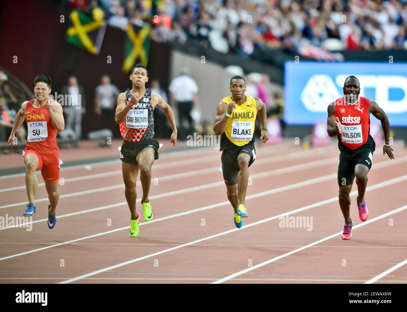 Yohan Blake (JAM), Bingtian Su (CHN), Abdul Hakim Sani Brown (JPN), Alex Wilson (SWI). 100 Meter Männer Halbfinale, IAAF World Championships London 2017 Stockfoto