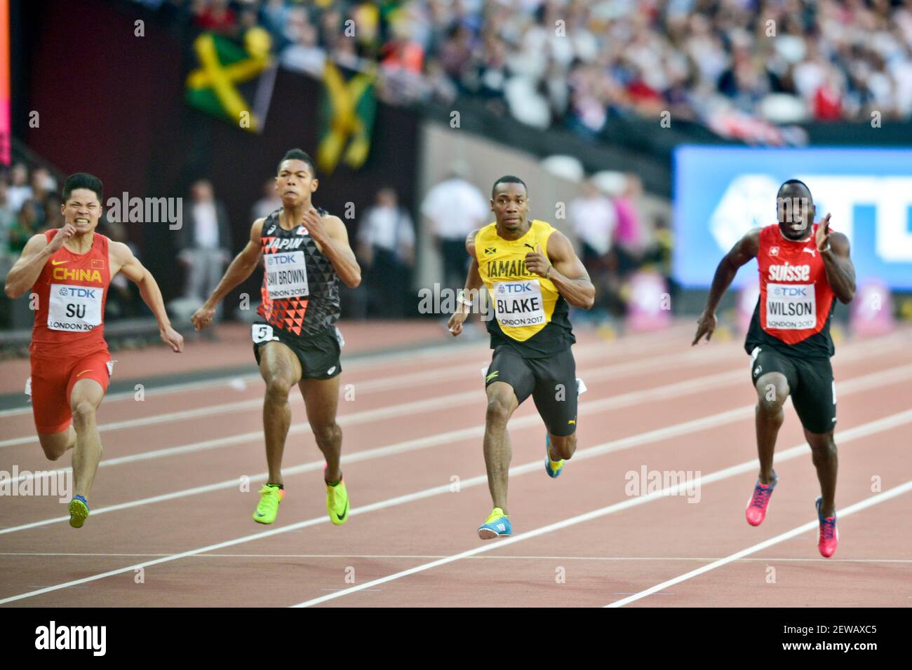 Yohan Blake (JAM), Bingtian Su (CHN), Abdul Hakim Sani Brown (JPN), Alex Wilson (SWI). 100 Meter Männer Halbfinale, IAAF World Championships London 2017 Stockfoto