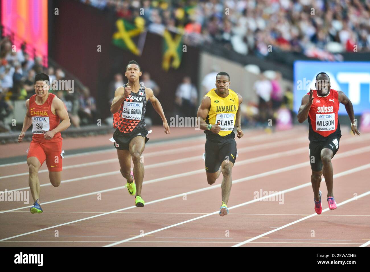 Yohan Blake (JAM), Bingtian Su (CHN), Abdul Hakim Sani Brown (JPN), Alex Wilson (SWI). 100 Meter Männer Halbfinale, IAAF World Championships London 2017 Stockfoto
