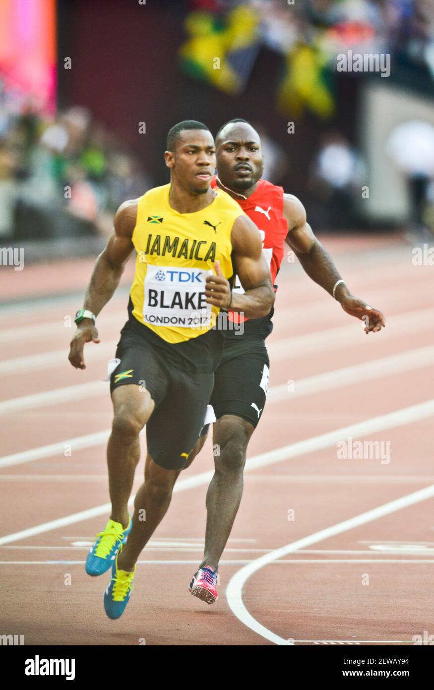 Yohan Blake (Jamaika), Alex Wilson (Schweiz). 100 Meter Männer Halbfinale, IAAF World Championships London 2017 Stockfoto