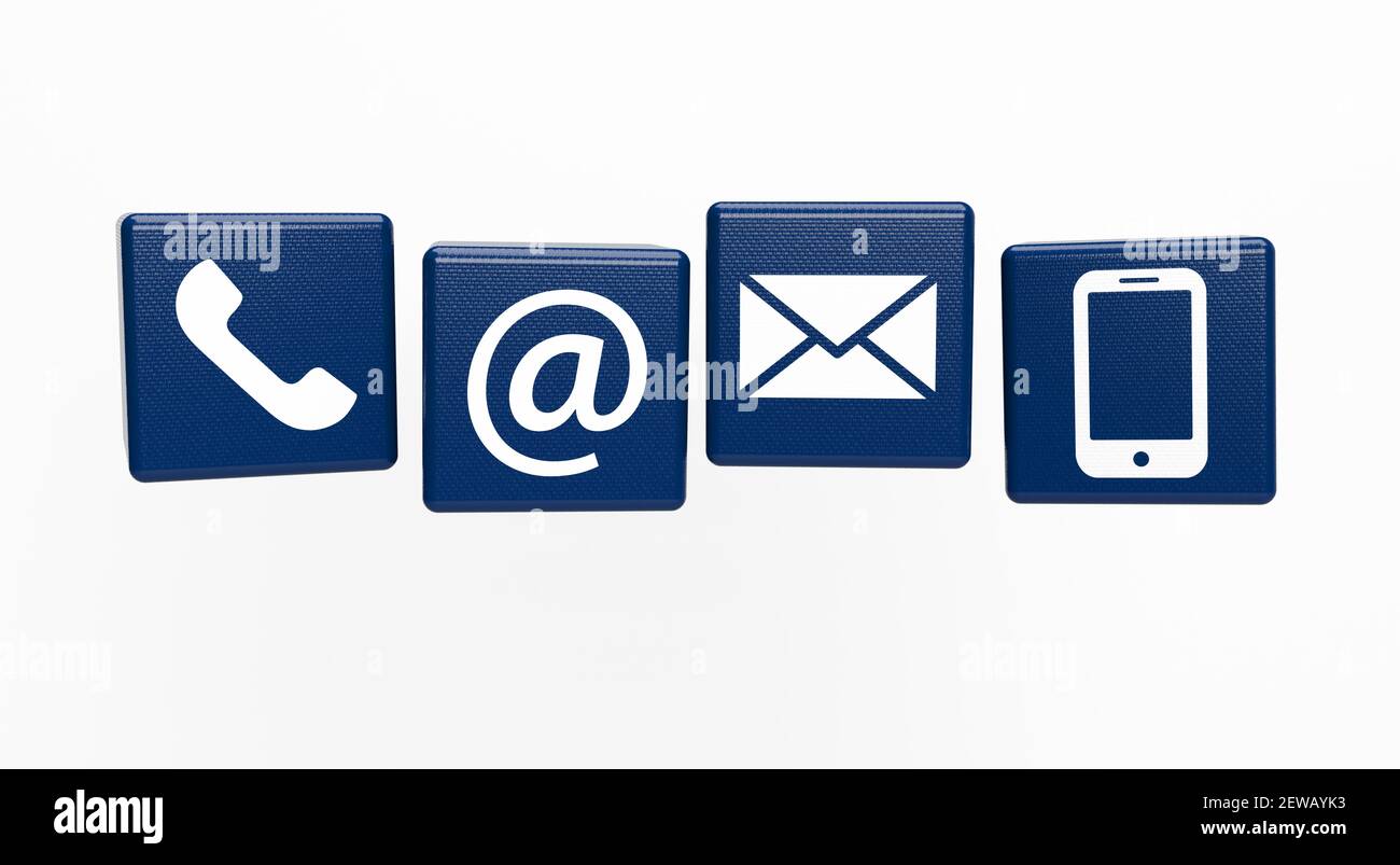 Blaue fliegende Würfel mit Kontakt-Support-Service-Icons 3D Rendering Stockfoto