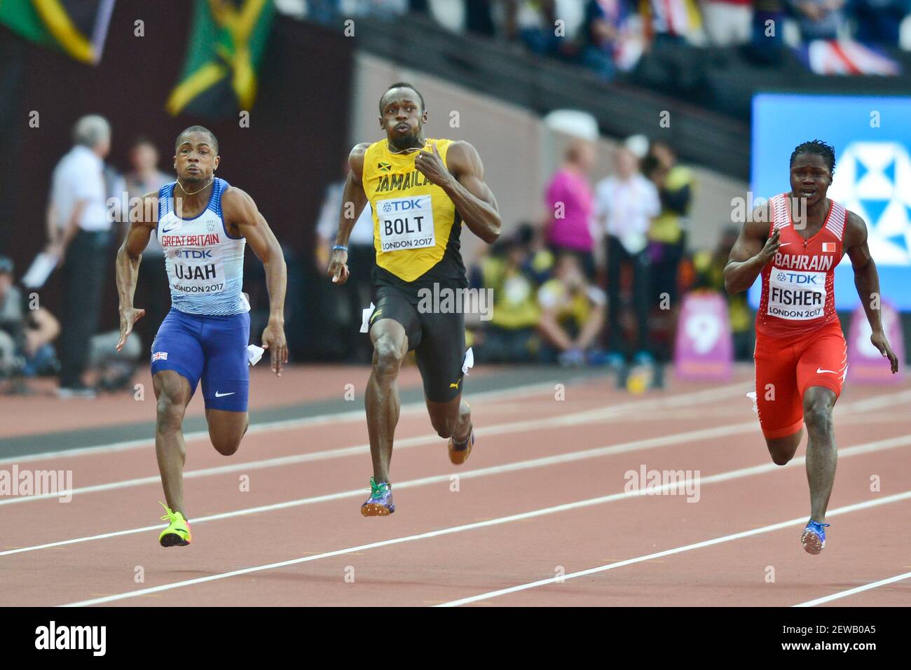 Usain Bolt (Jamaika), Chijindu Ujah (Großbritannien), Andrew Fisher (Bahrein). 100 Meter Männer Halbfinale, IAAF World Championships London 2017 Stockfoto