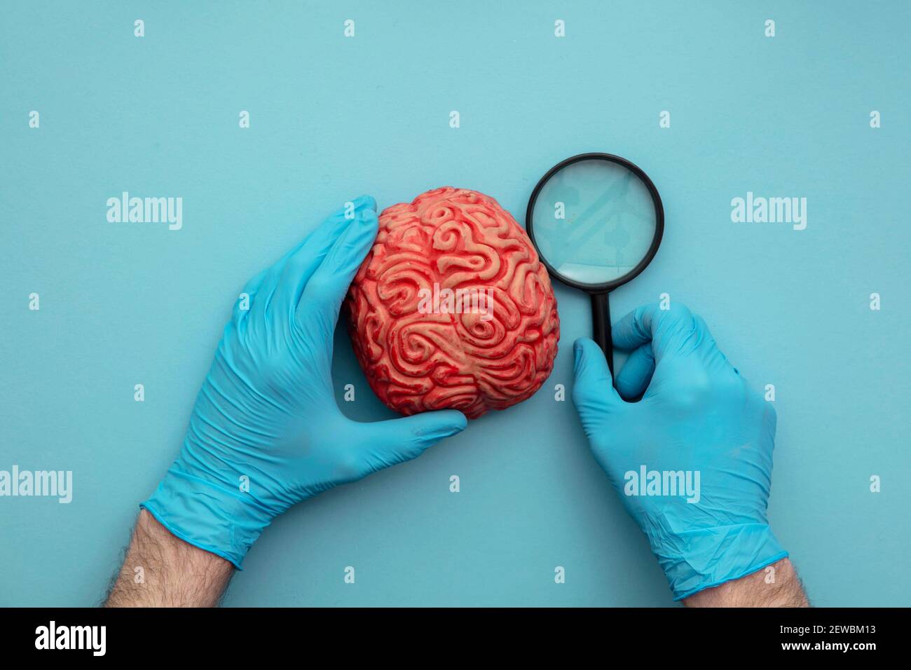Arzt mit einer Lupe auf ein Gehirn zu sehen. Konzept der psychischen Gesundheit Stockfoto