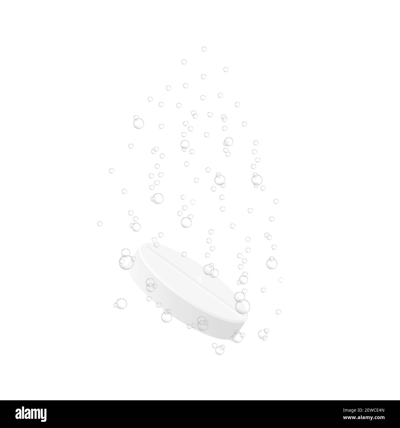 Brausetablette mit Unterwasserblasen isoliert auf weißem Hintergrund. Medicine Pille löst sich in Wasser. Vektor realistische Illustration. Stock Vektor