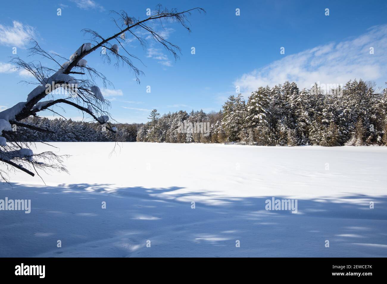 Schneebedeckter gefrorener See unter blauem Himmel in Ontario, Kanada Stockfoto