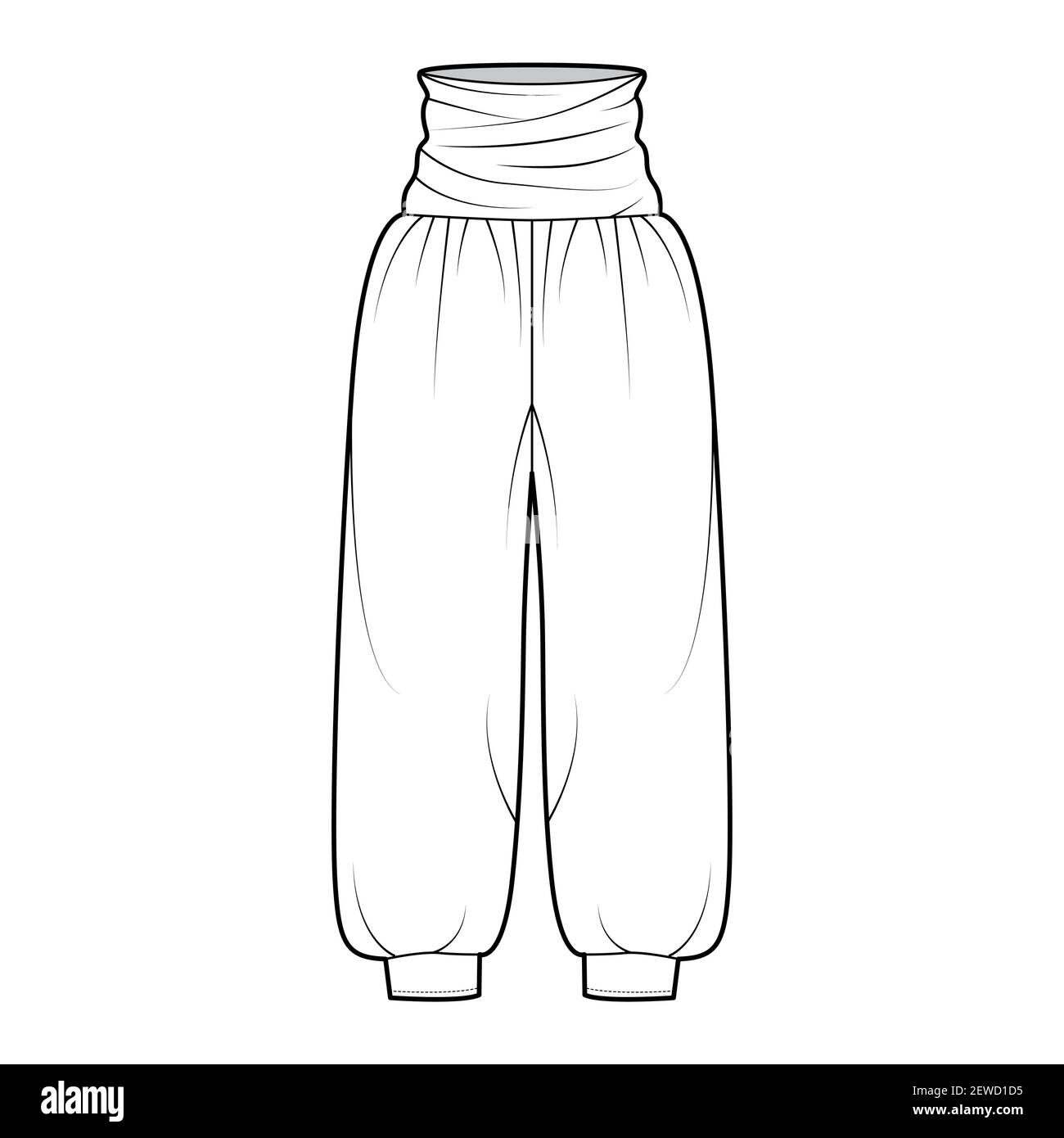 Hose zouave technische Mode Illustration mit normal drapierten Taille, hoher Bund, Falten, breite Beine, überdimensioniert. Flatbottom Hose Bekleidungsschablone vorne, weiß. Frauen, Männer, Unisex CAD Mockup Stock Vektor