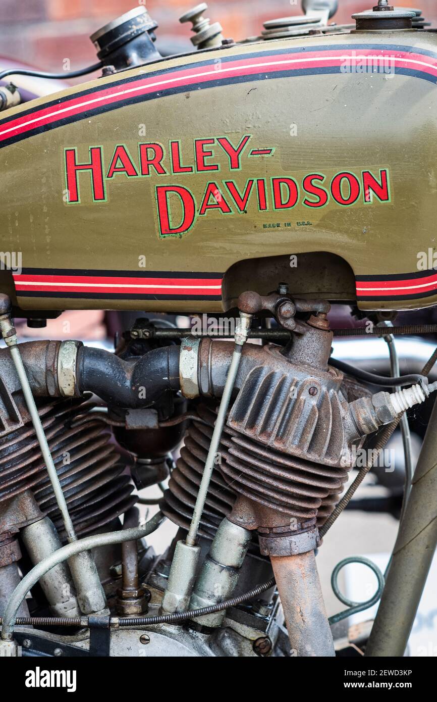 Jahrgang 1926 Harley Davidson JD Motorrad an Bicester Heritage Center super Jagtfall. Bicester, Oxfordshire, England Stockfoto