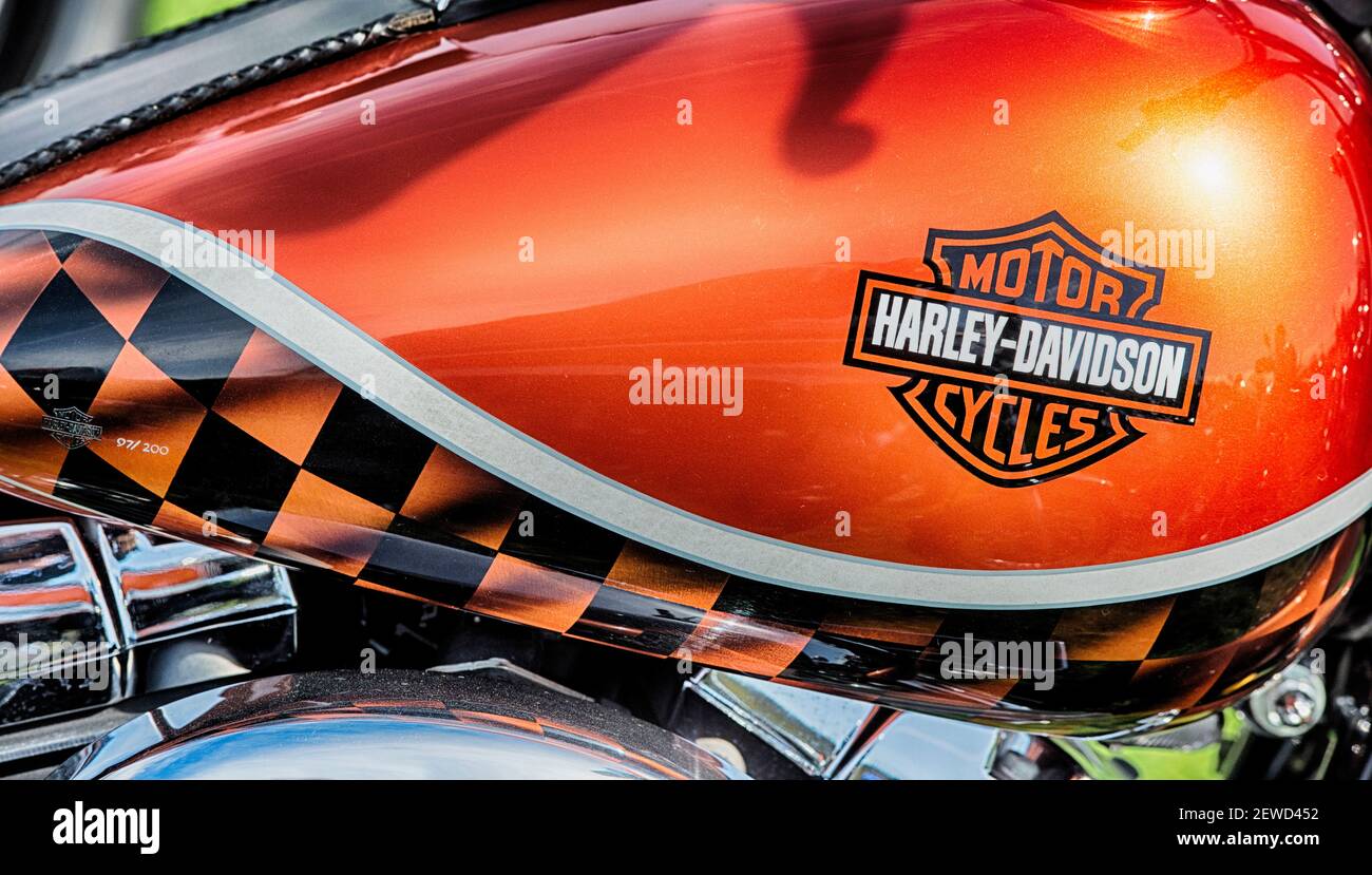 Harley Davidson softail Motorrad Benzintank Detail. VEREINIGTES KÖNIGREICH Stockfoto