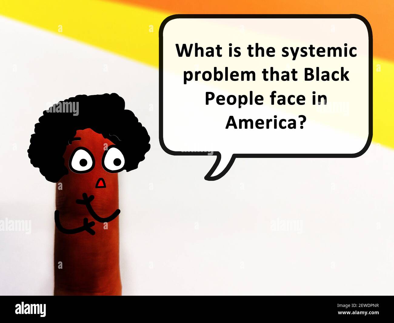 Ein Finger ist als Person mit dunkler Hautfarbe dekoriert. Die Person fragt, was das systemische Problem ist, dass schwarze Menschen in Amerika konfrontiert. Stockfoto