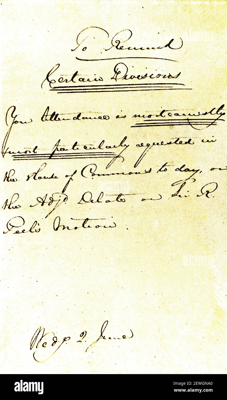 Eine frühe Reproduktion eines viktorianischen ( 2nd. Juni 1841) British Parliament (House of Commons) 3 Line Whip, um an einer Debatte über Sir Robert Peels Antrag auf die Maisgesetze teilzunehmen. Stockfoto