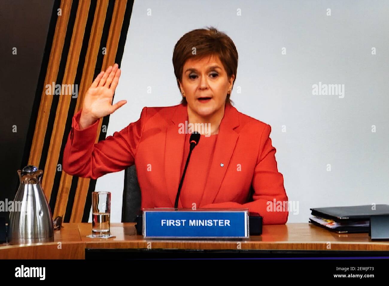 Edinburgh, Schottland, Großbritannien. März 2021, 3. Live-Streaming von First Minister of Scotland Nicola Sturgeon im schottischen Parlament in Edinburgh, um Zeugnis zu geben, um den Ausschuss für die schottische Regierung Umgang mit Belästigung Beschwerden von der schottischen Regierung gehalten . Iain Masterton/Alamy Live News Stockfoto