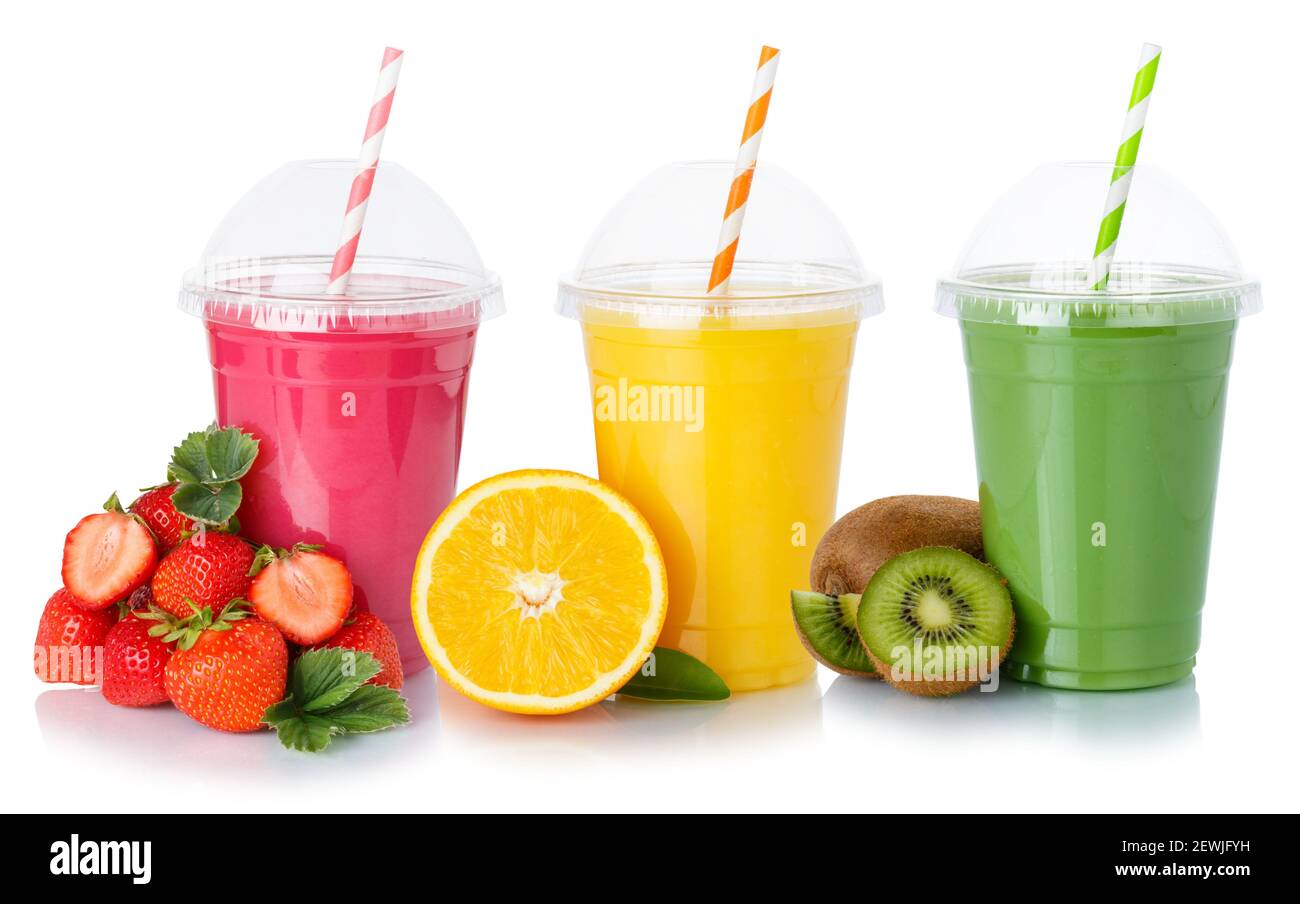 Frischer Fruchtsaft Smoothies Getränke Getränke Tassen gesunde Ernährung isoliert auf weißem Hintergrund. Stockfoto