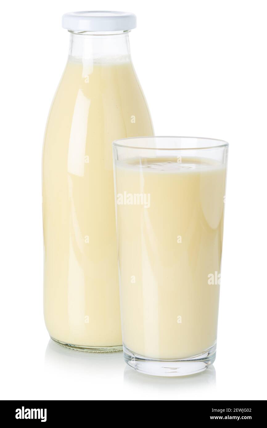 Milk Drink Smoothie Fruchtsaft Milchshake Shake in einer Flasche und Glas isoliert auf weißem Hintergrund. Stockfoto