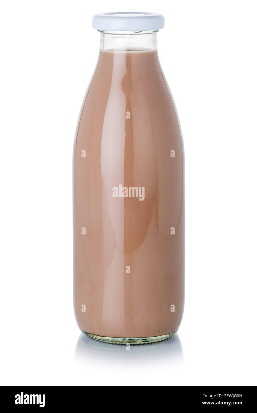 Schokomilch Shake Milchshake in einer Flasche isoliert auf weißem Hintergrund. Stockfoto