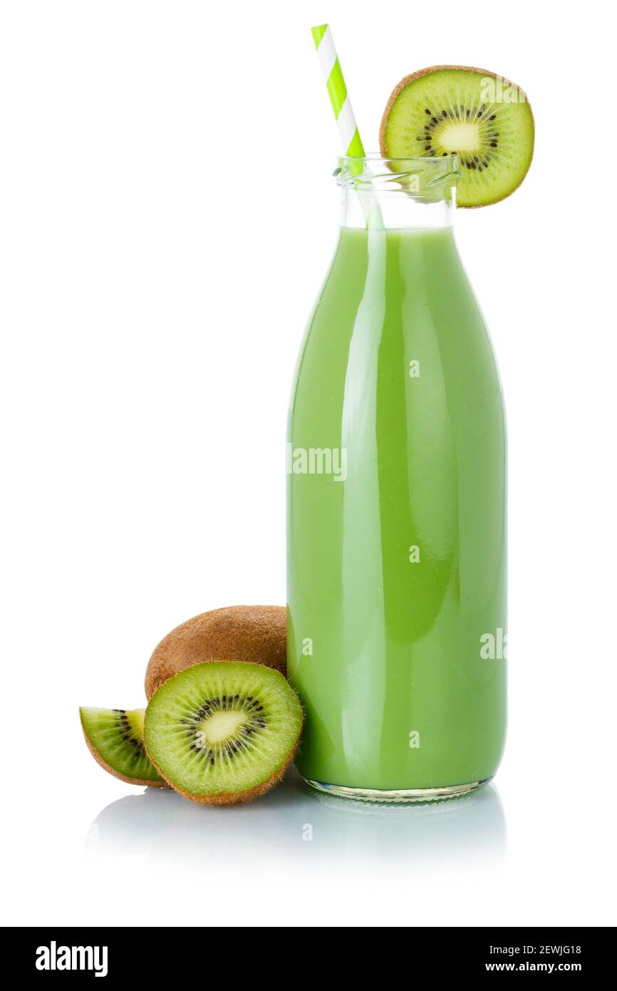 Grüner Smoothie Fruchtsaft trinken Stroh Kiwi in einer Flasche isoliert auf weißem Hintergrund. Stockfoto