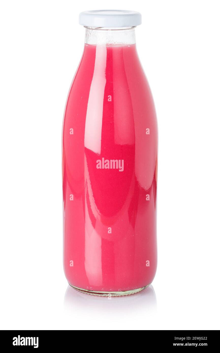 Smoothie Fruchtsaft Erdbeer Drink Flasche isoliert auf einem weißen Hintergrund. Stockfoto
