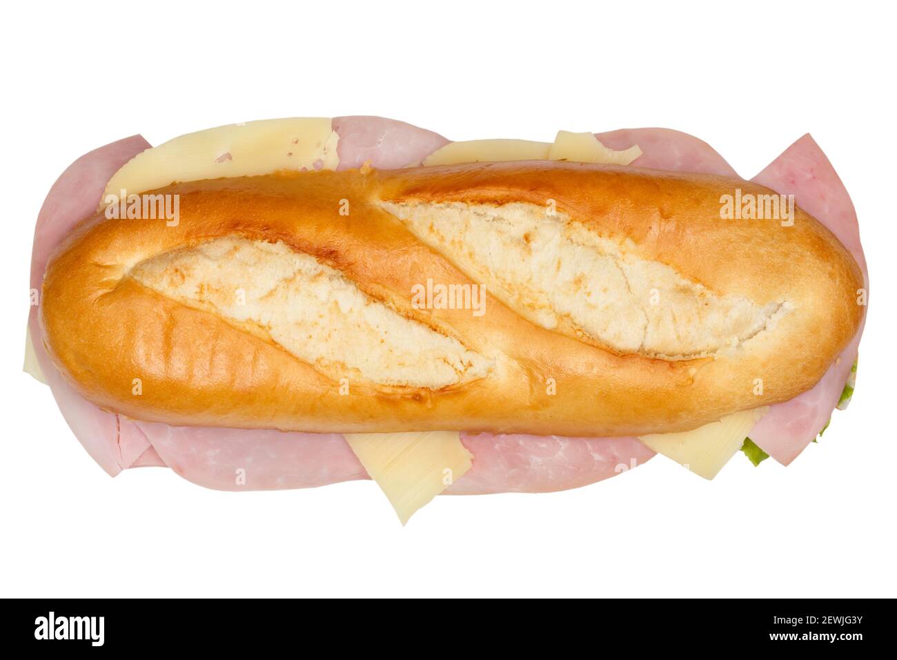 Baguette Sub Sandwich mit Schinken und Käse von oben isoliert auf weißem Hintergrund. Stockfoto