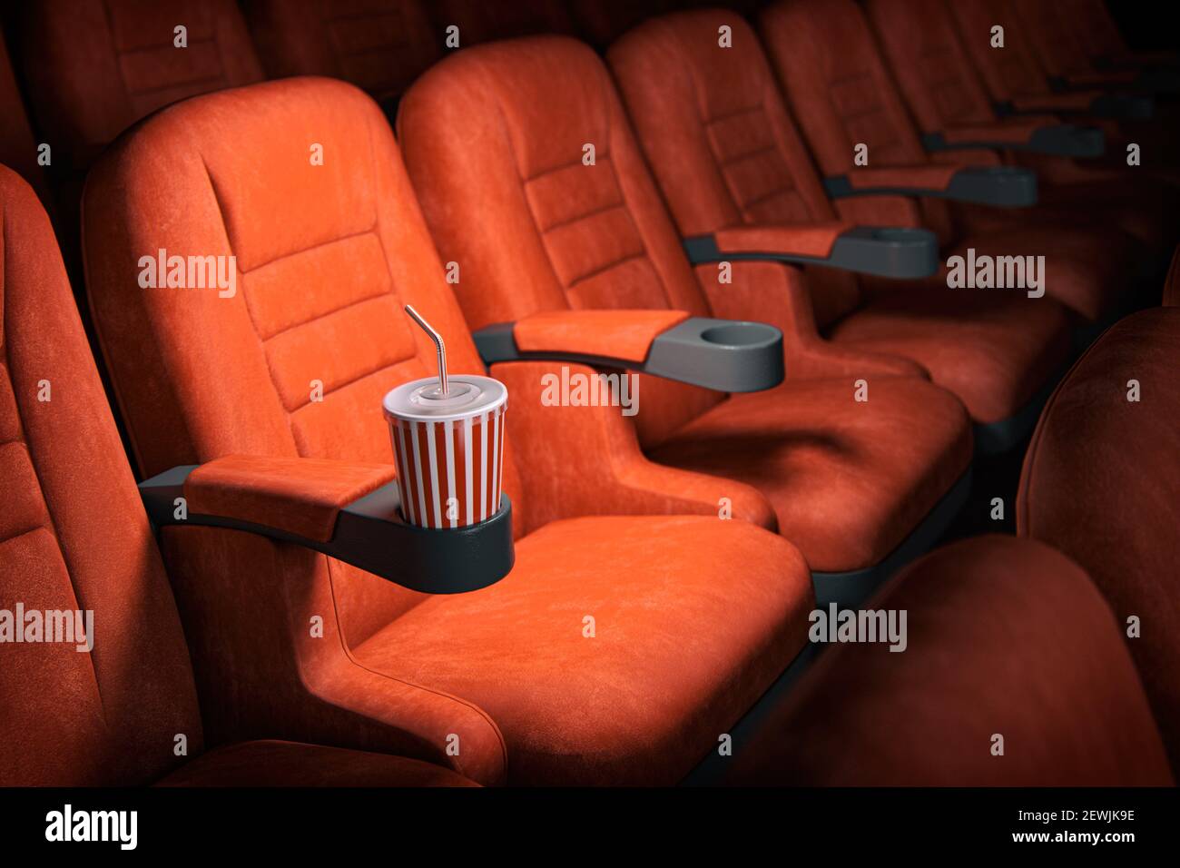 Kino Kino Kino Konzept Hintergrund. Rote Kinosessel und Cola im leeren Theater. 3D Abbildung. Stockfoto