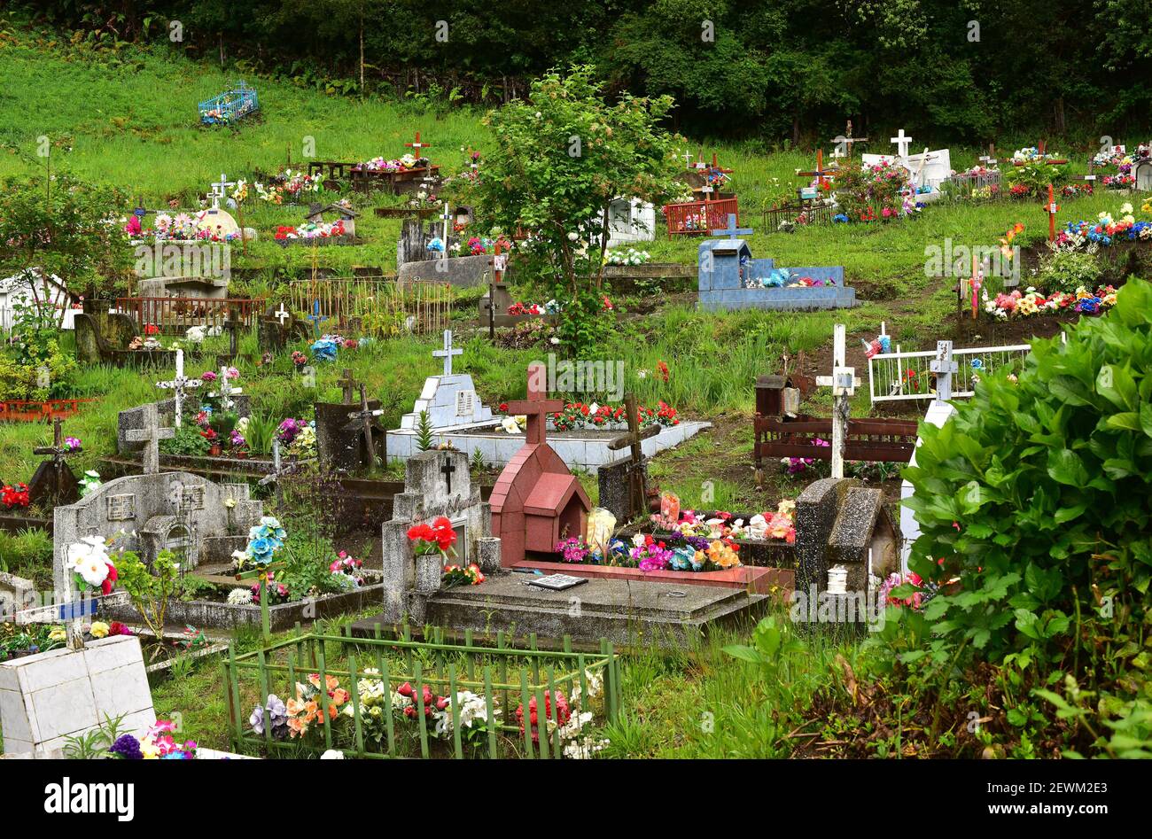 Cochamo Valley, Friedhof an einem regnerischen Tag. Region de Los Lagos, Chile. Stockfoto