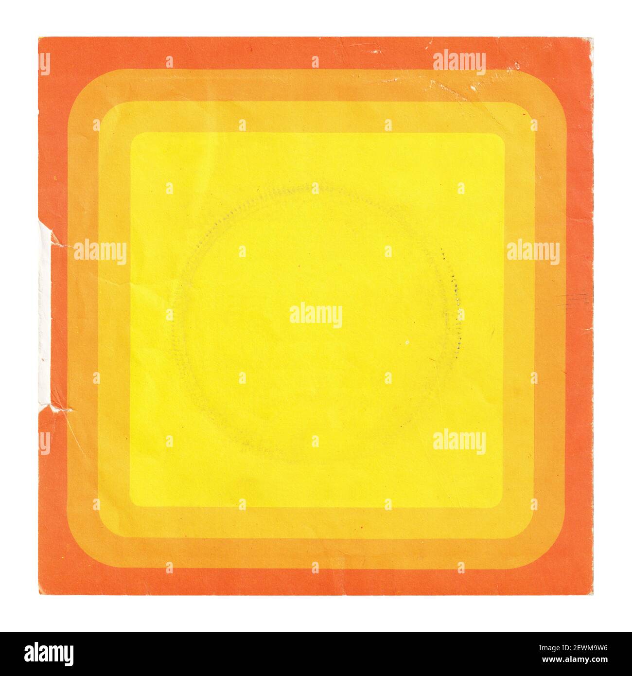 Abgenutzter gelber orangefarbener Scheibeneinband aus den siebziger Jahren Stockfoto